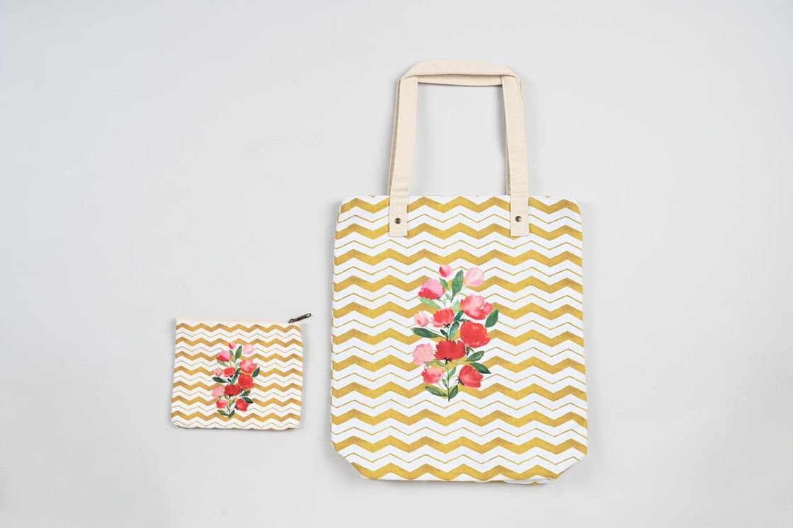 BOUQUET ON ZIG ZAG TOTE BAG
